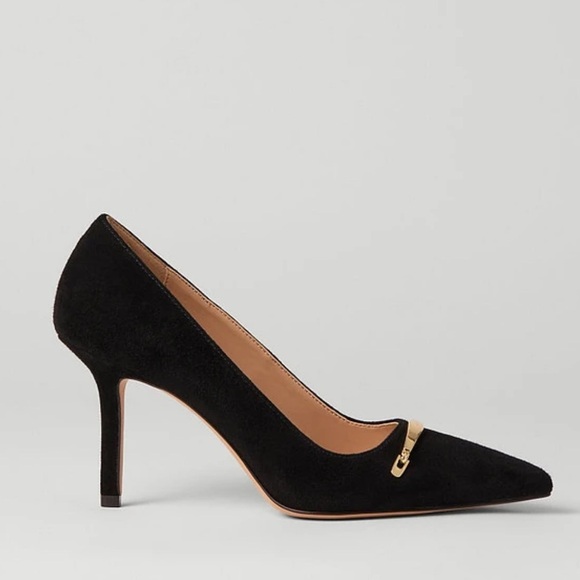 Ann Taylor Black Pointy Toe Suede Heels with Gold Chain Buckle Detail Size 8 - Picture 1 of 11